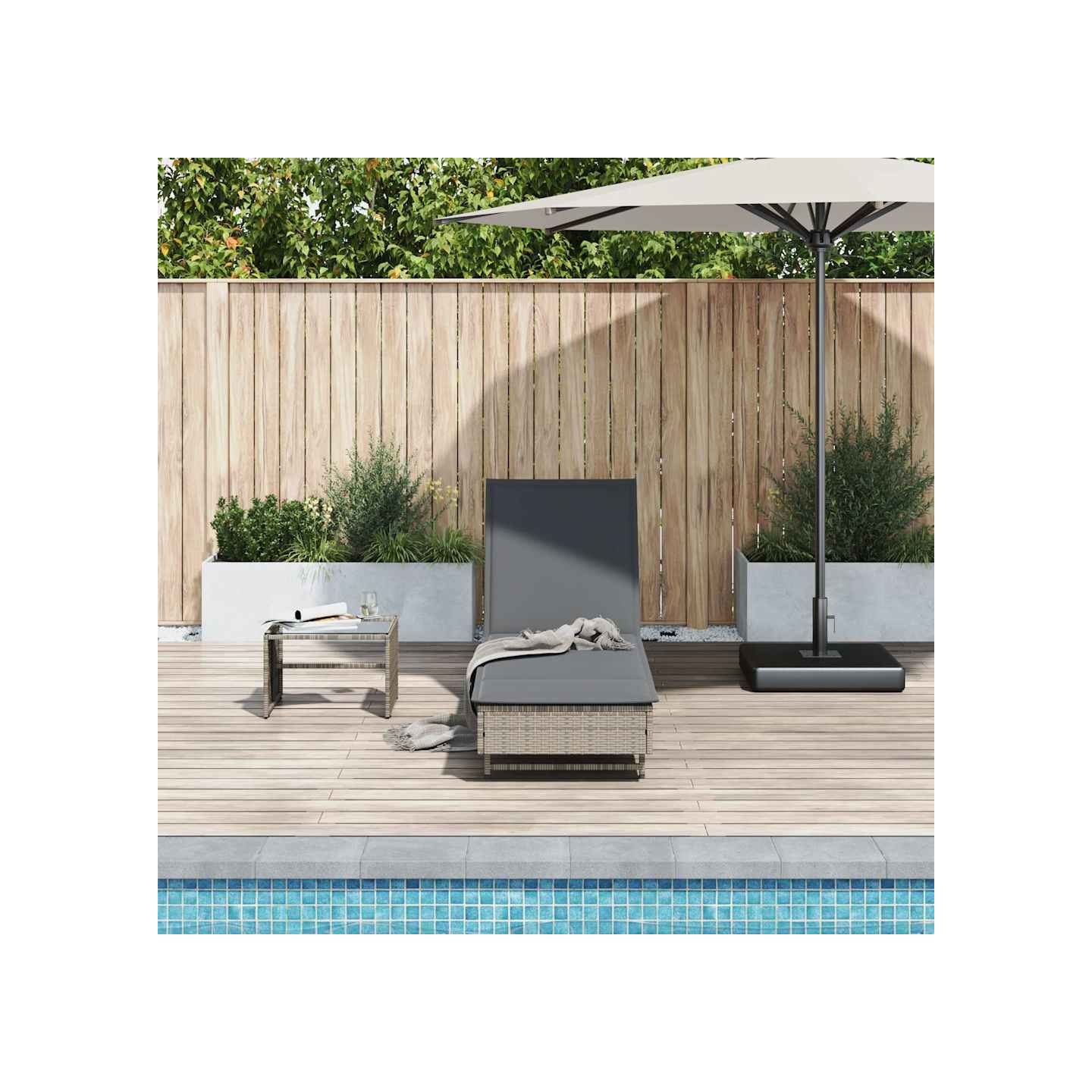 Chaise longue avec roues et coussin gris résine tressée