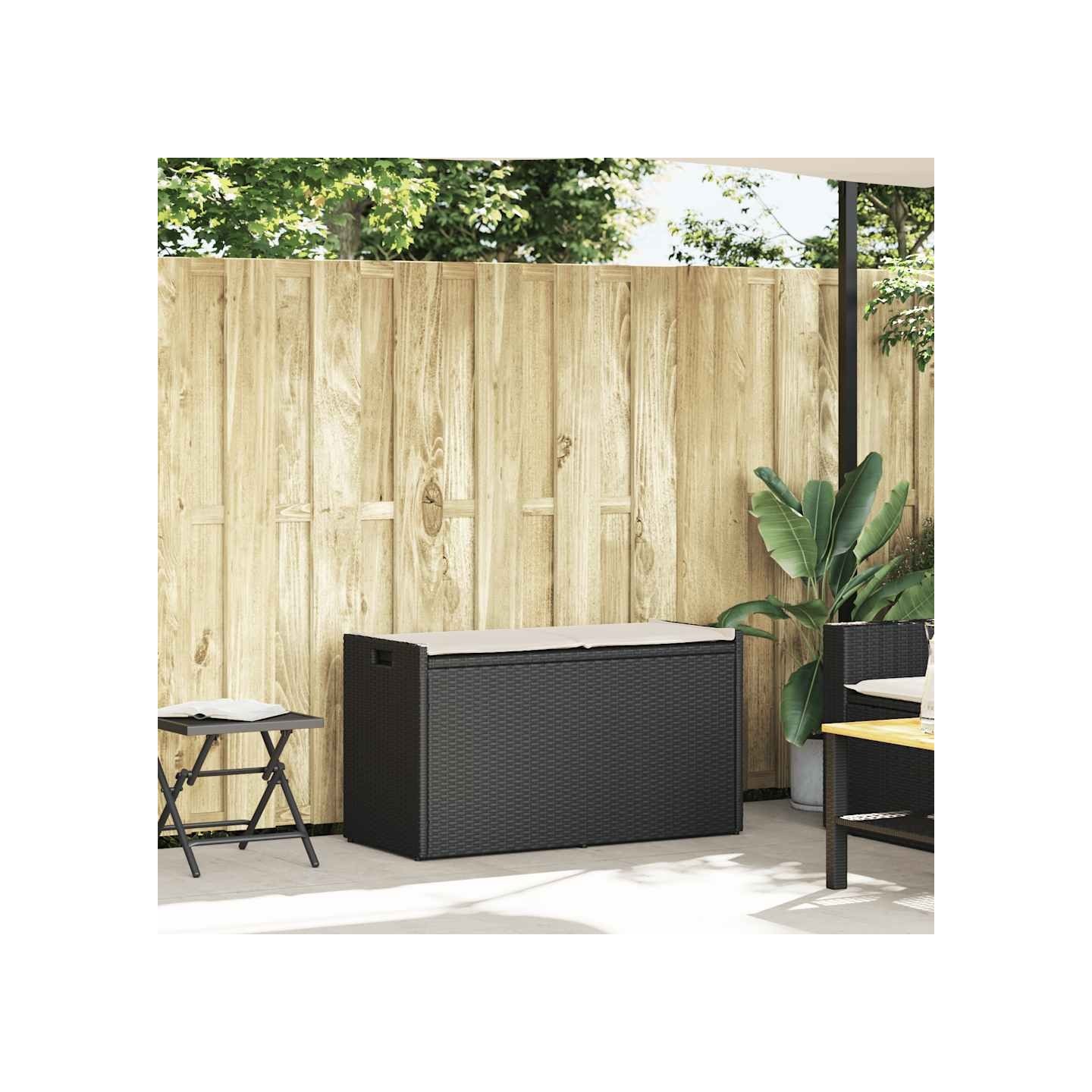 Banc de rangement extérieur coussin noir 100 cm résine tressée