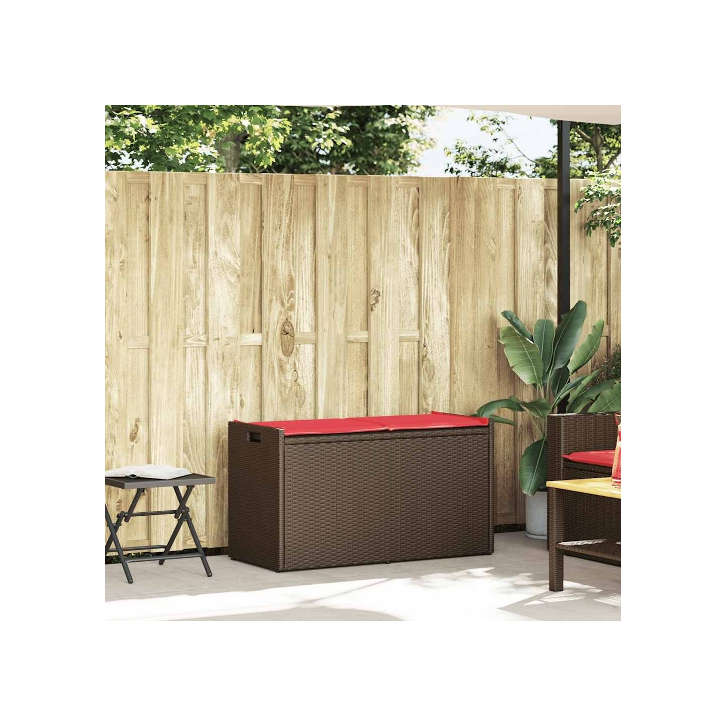 Banc de rangement extérieur coussin marron 100cm résine tressée