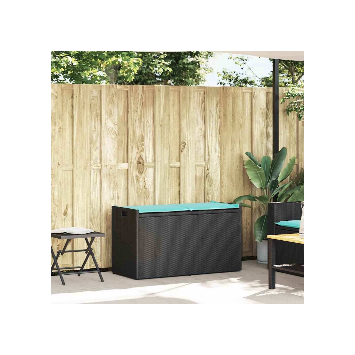Banc de rangement extérieur coussin noir 100 cm résine tressée