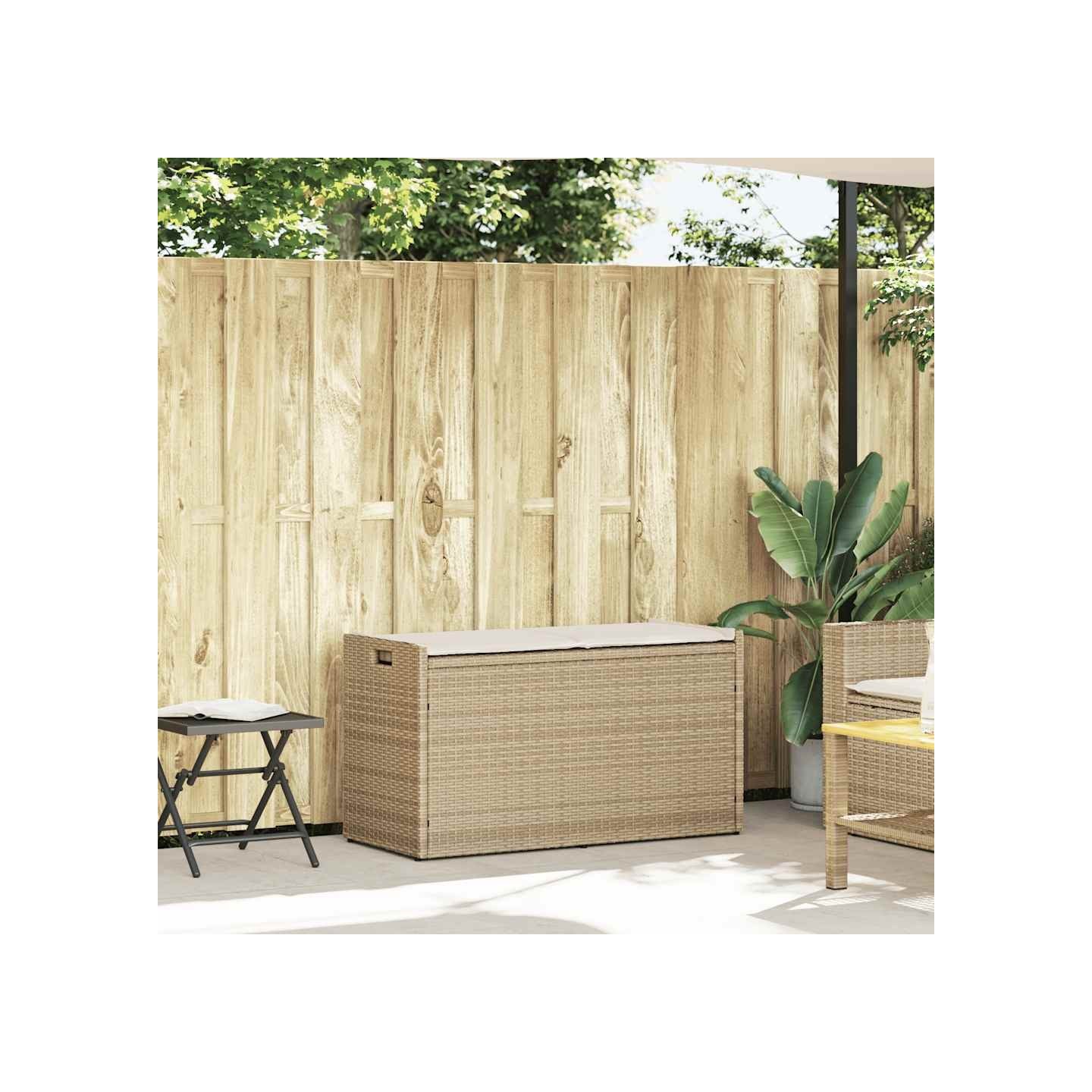 Banc de rangement extérieur coussin beige 100 cm résine tressée