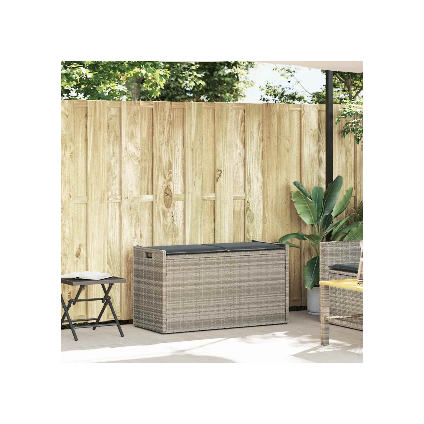 Banc de rangement extérieur coussin gris clair 100 cm polyrotin