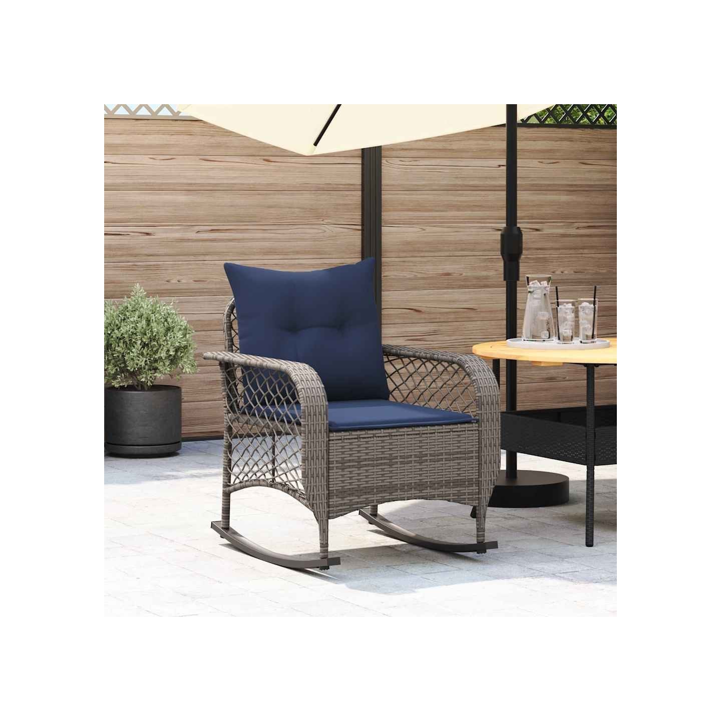 Chaise à bascule de jardin avec coussins gris résine tressée