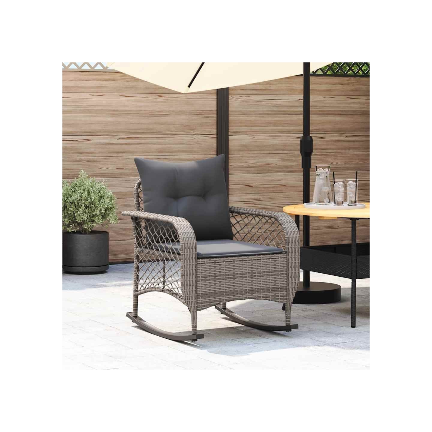 Chaise à bascule de jardin avec coussins gris résine tressée