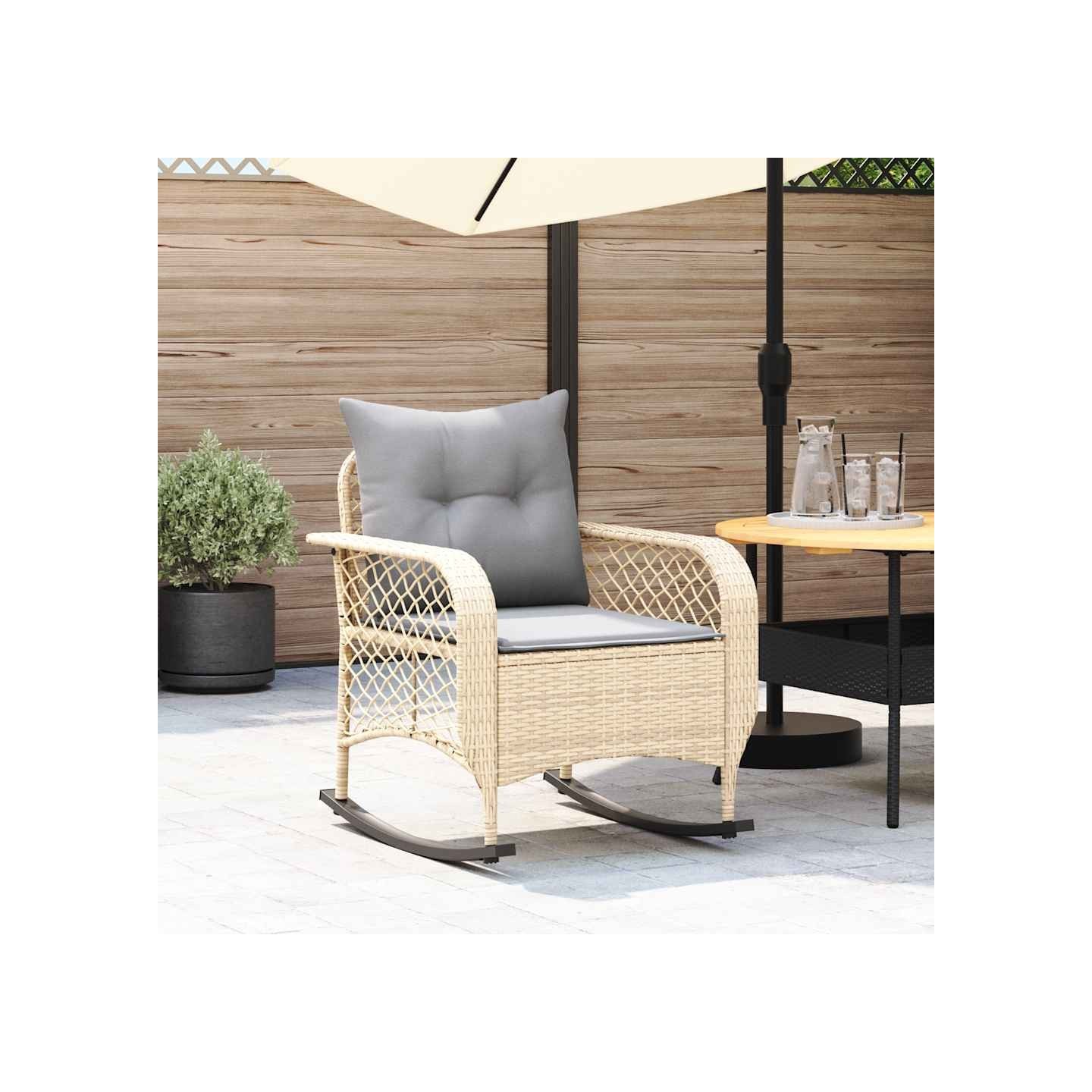 Chaise à bascule de jardin avec coussins beige résine tressée