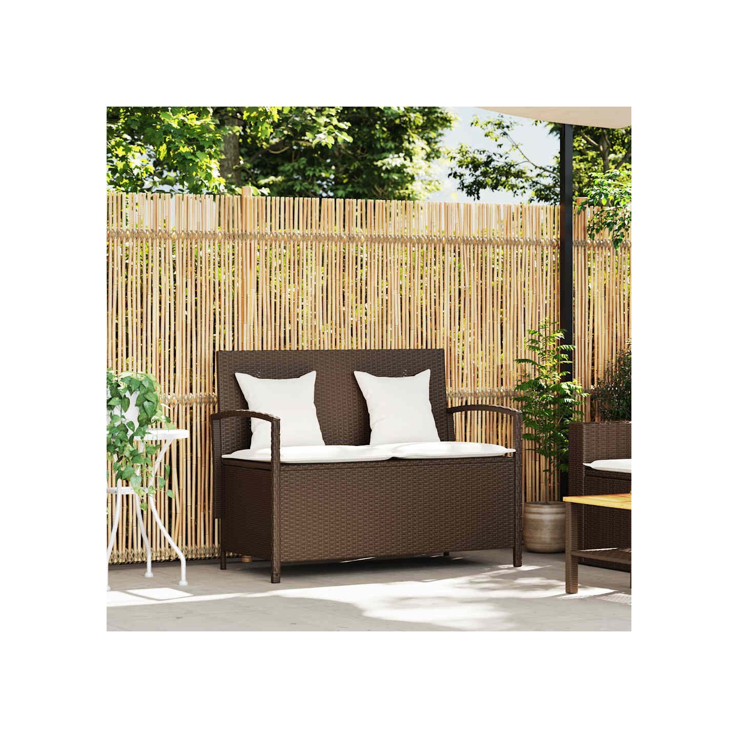Banc de rangement de jardin avec coussin marron polyrotin