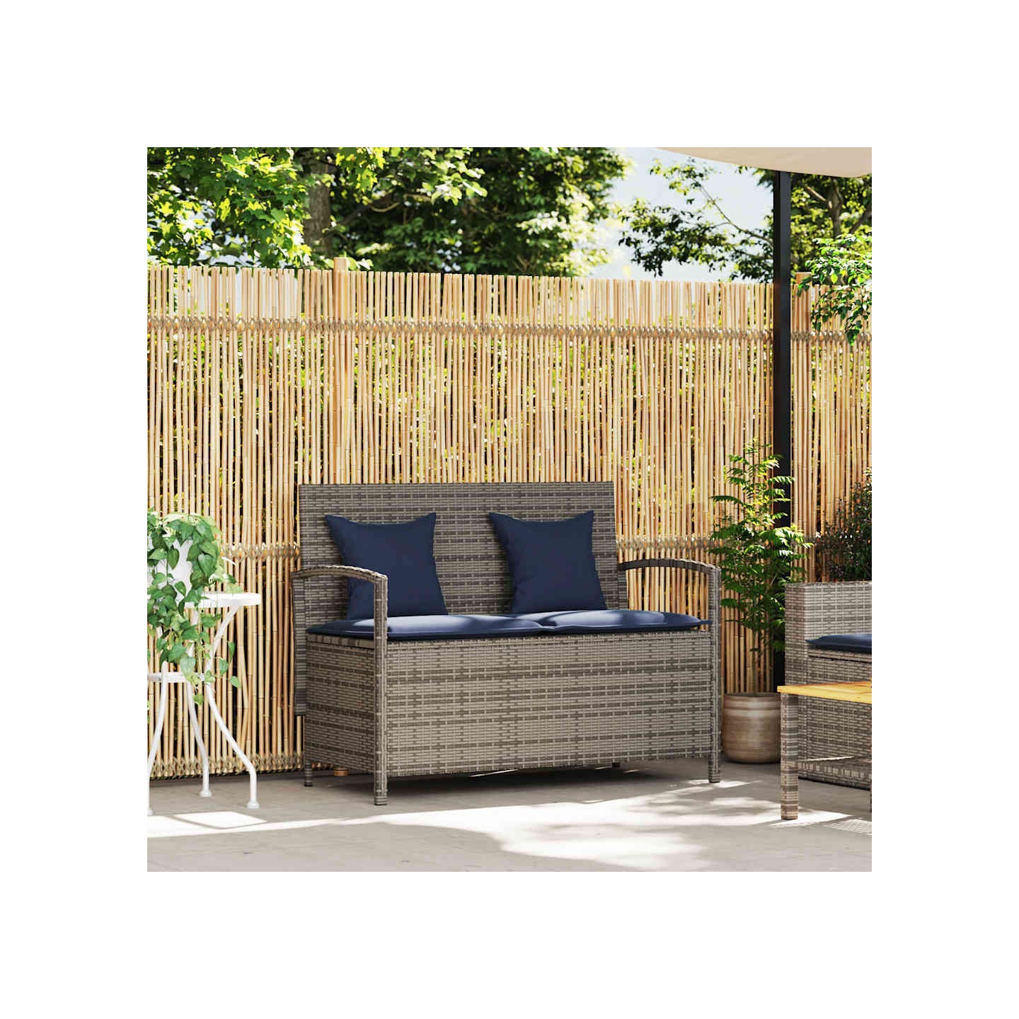 Banc de rangement de jardin avec coussin gris résine tressée