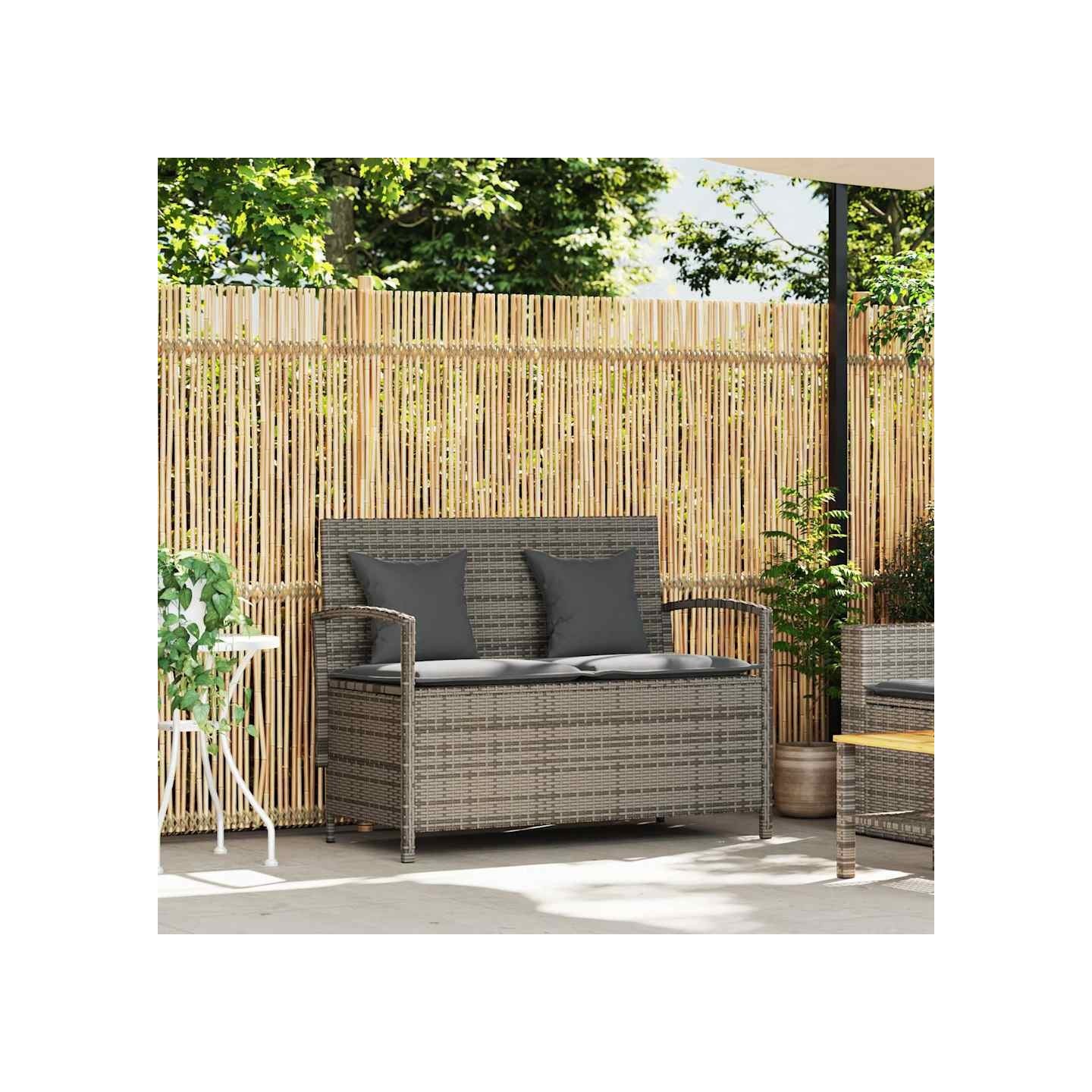Banc de rangement de jardin avec coussin gris résine tressée