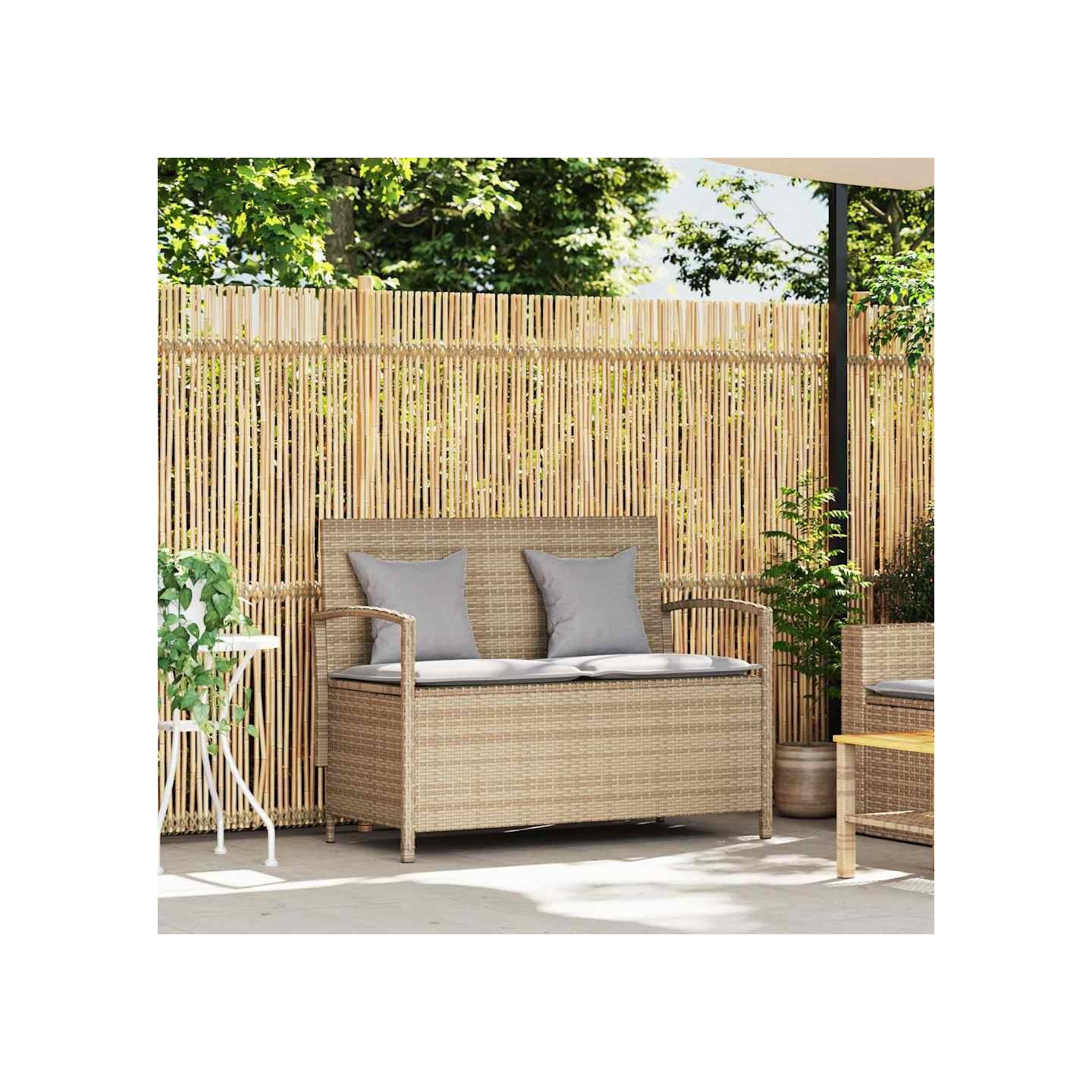 Banc de rangement de jardin avec coussin beige résine tressée