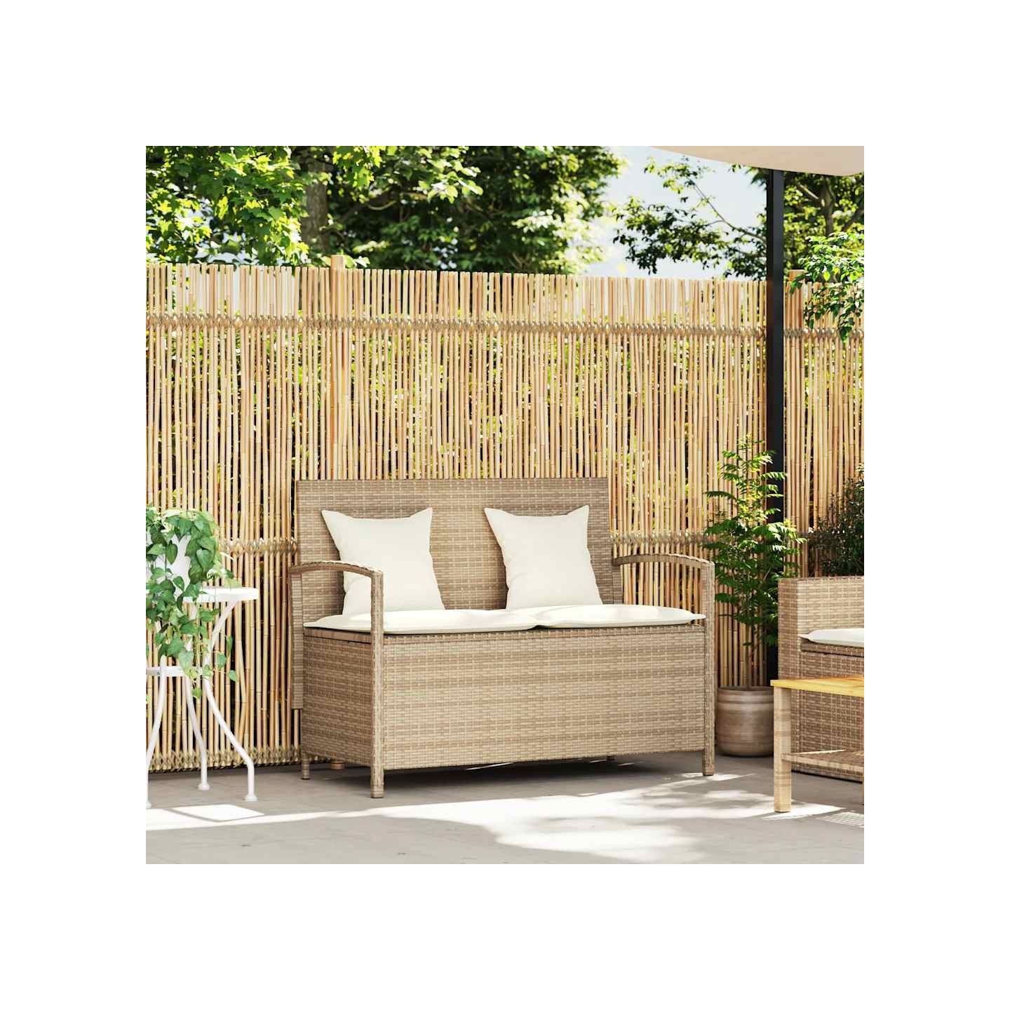Banc de rangement de jardin avec coussin beige résine tressée