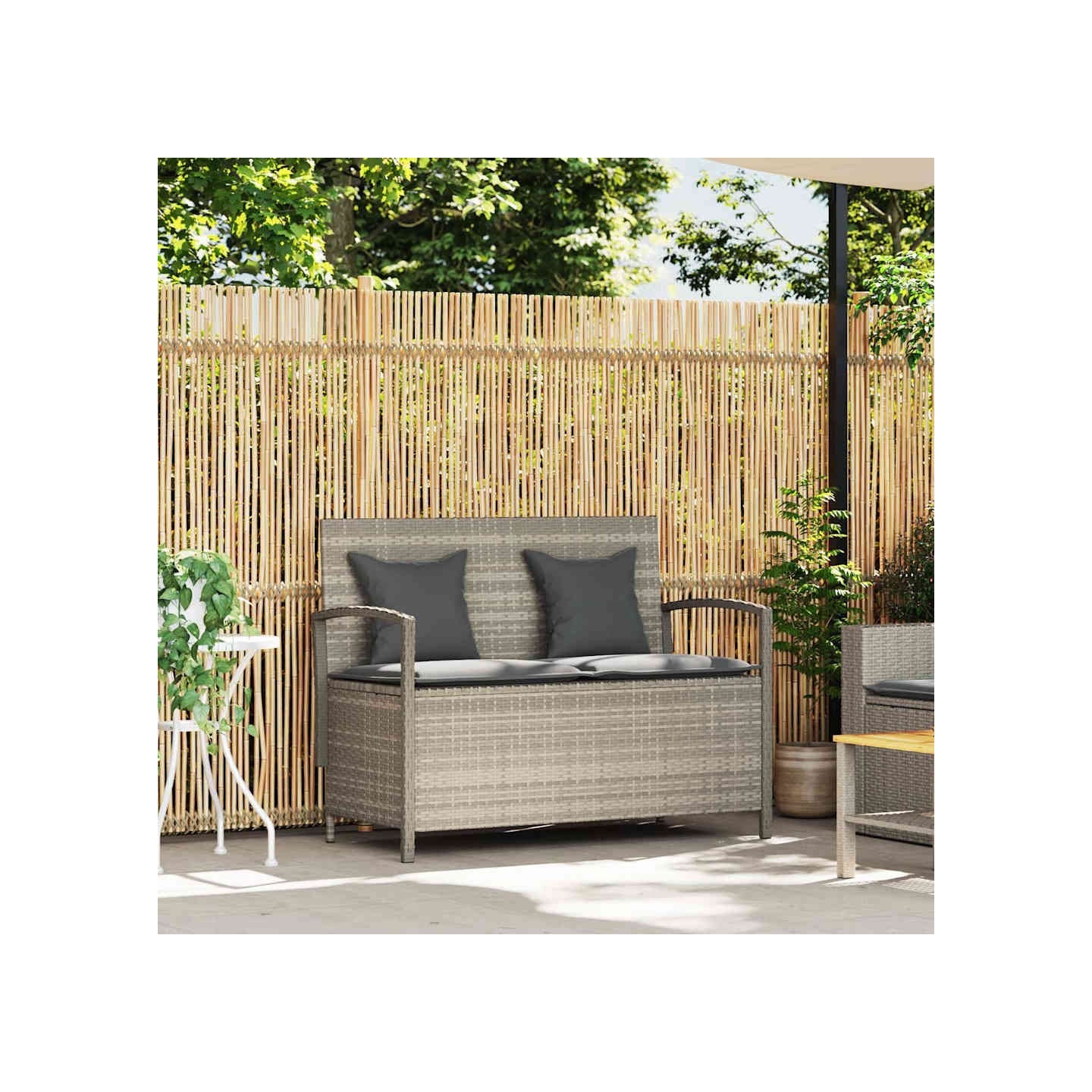 Banc de rangement de jardin avec coussin gris clair polyrotin