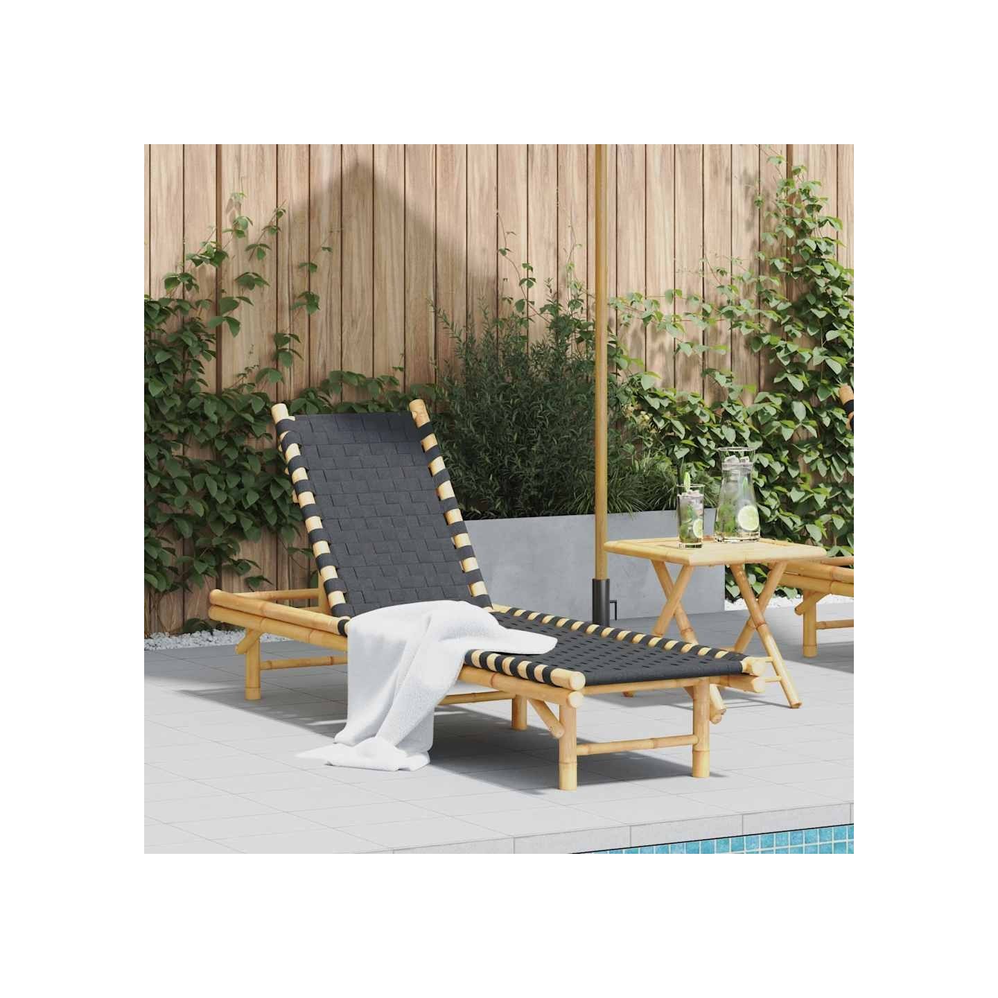 Transat en bambou avec sangles tissées noires 55 x 200 x 30 cm