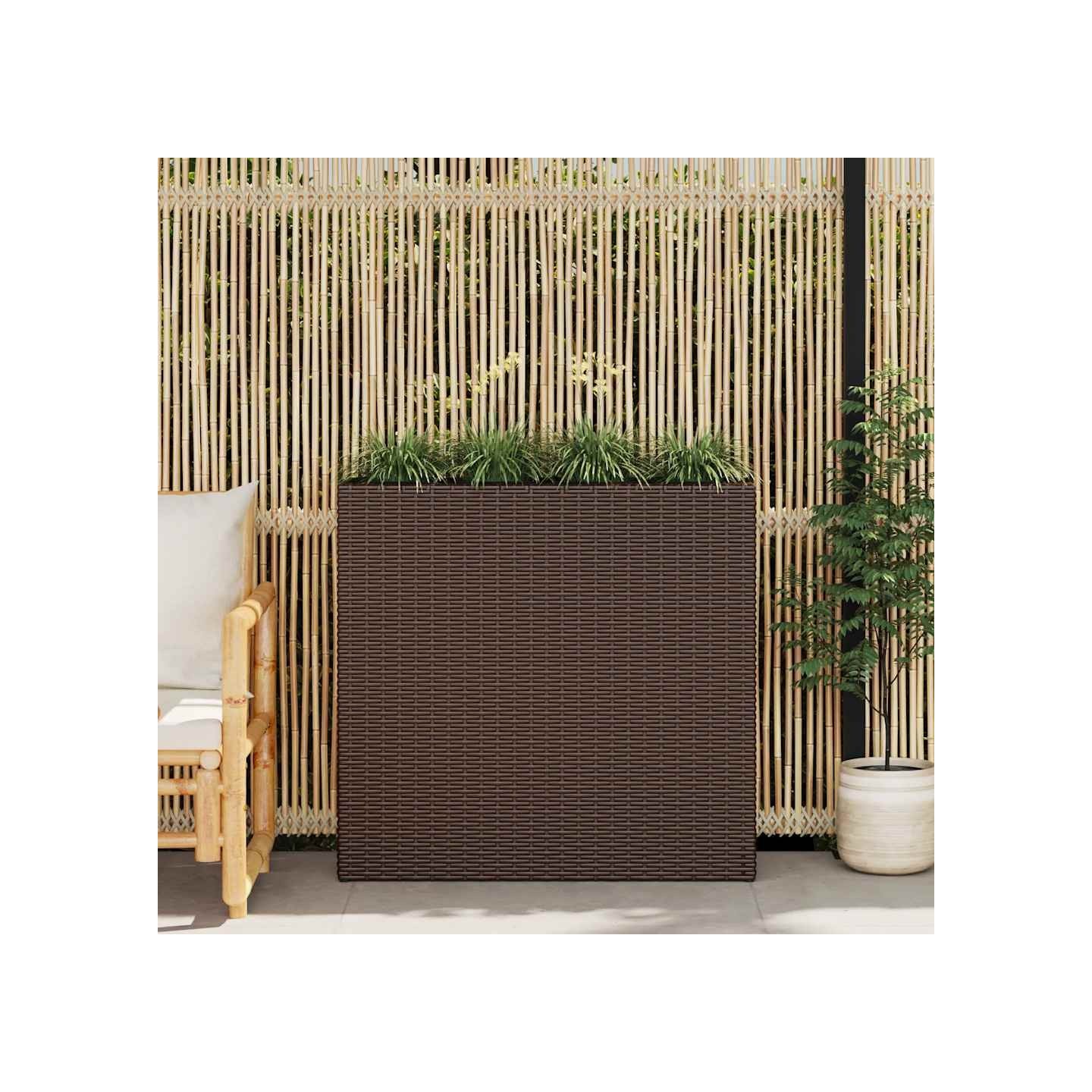 Lit surélevé de jardin avec 4 pots Résine tressée Marron