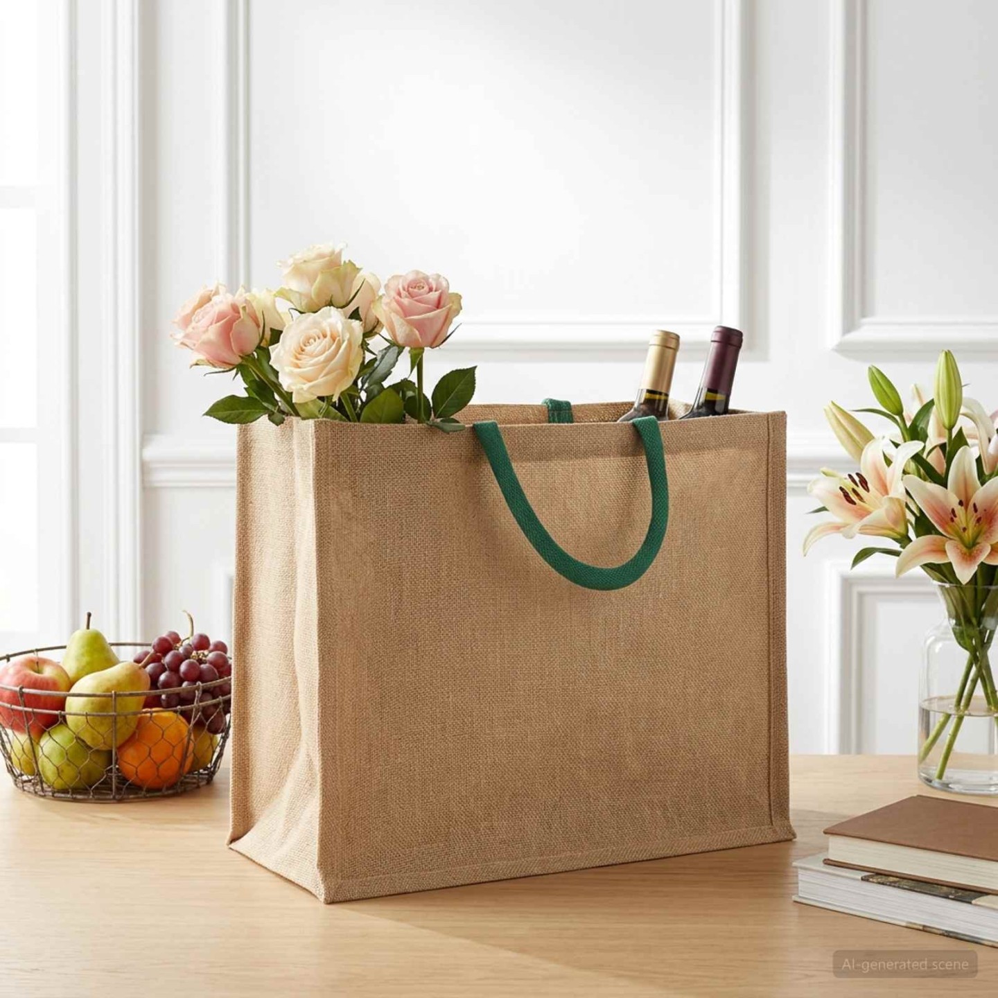 Sacs en jute 5 Naturel et vert 42 x 33 x 19 cm 100 % jute Tossa