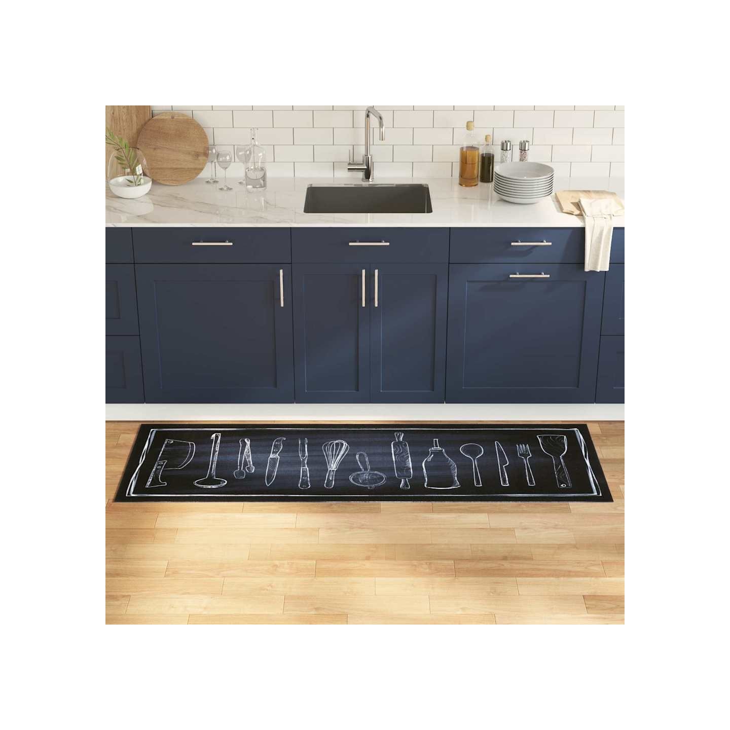 Tapis de Cuisine Noir 180 x 60 cm Velours