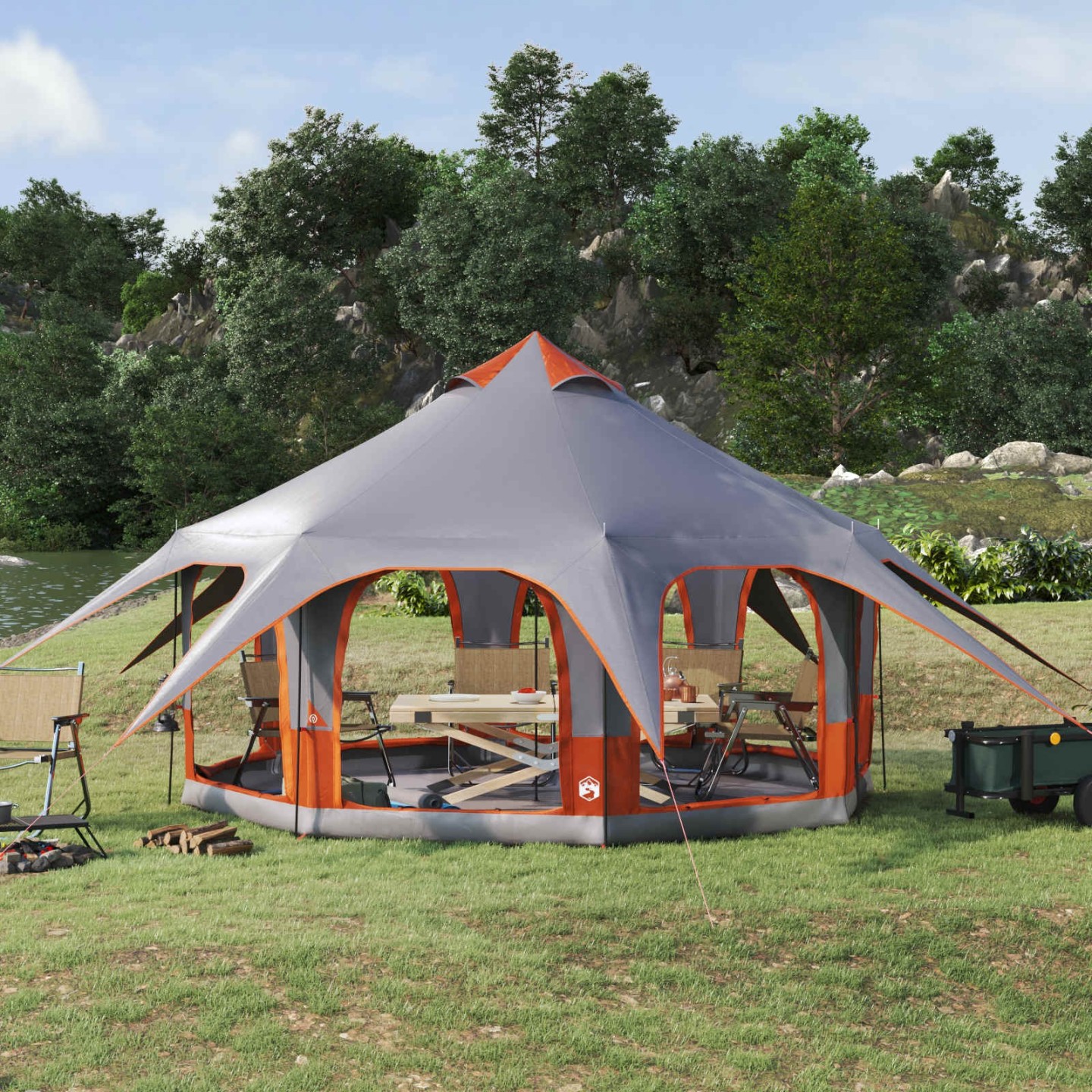 Tente familiale 5 personne Gris et orange